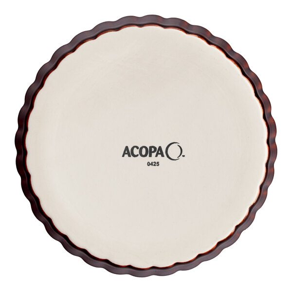 A round stoneware souffle or creme brulee dish with a scalloped chestnut-colored rim and the brand name 'Acopa' printed in the center.