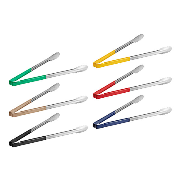 A group of Vollrath Jacob's Pride tongs with red, blue, green, yellow, black, and purple Kool-Touch handles.