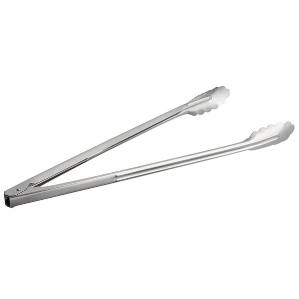 Two Vollrath stainless steel utility tongs with handles.