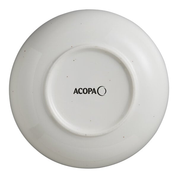 An Acopa Keystone stoneware bowl in white with black text that says "Vanilla Bean" on it.