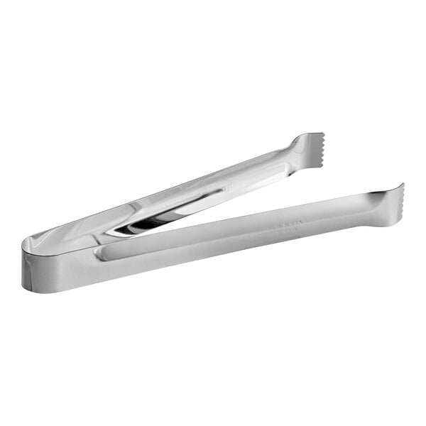 A close-up of a silver Vollrath stainless steel pom tong.