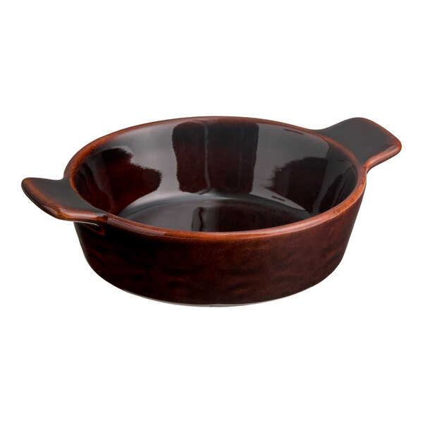 Acopa Keystone 6 oz. Chestnut Porcelain Mini Casserole Dish with Handles - 6/Case