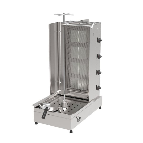 An Inoksan stainless steel gyro machine with a metal rack and mesh shield.