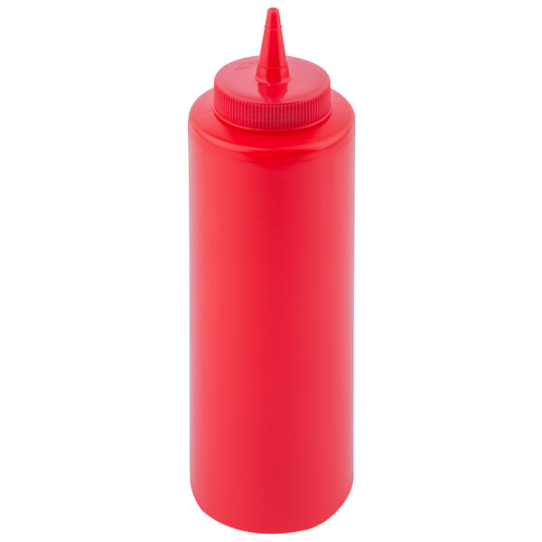 A close-up of a red Tablecraft squeeze bottle with a white cone tip lid.