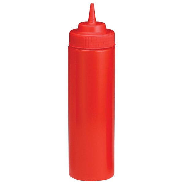 A red plastic Tablecraft squeeze bottle with a cone tip.