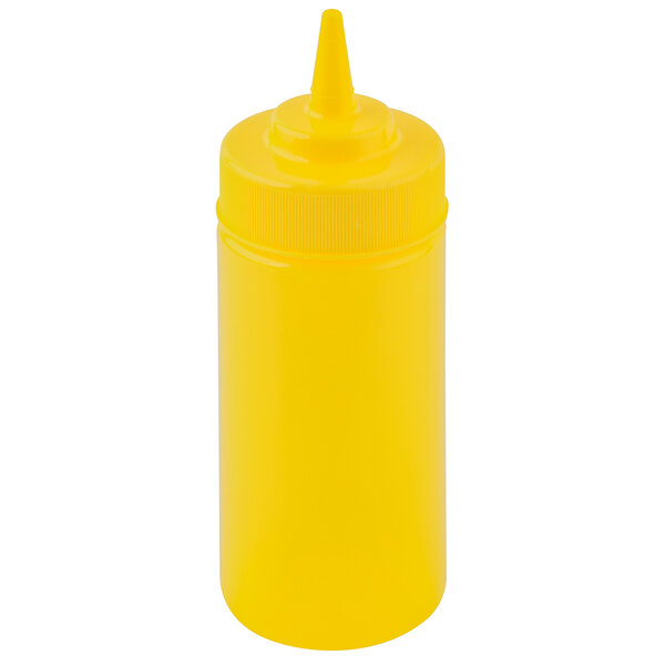 A yellow plastic Tablecraft squeeze bottle with a yellow cone tip.