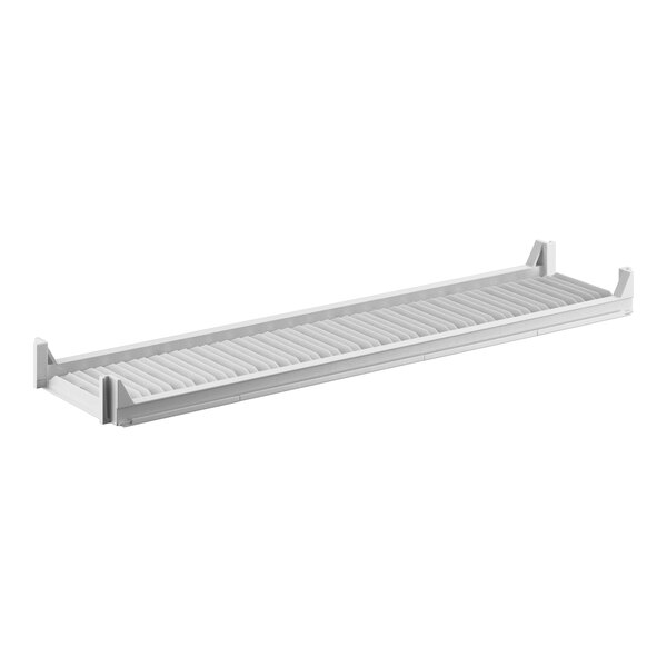 A white metal rectangular shelf with vented metal shelves.
