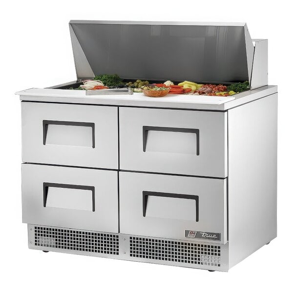 A True 48 1/8" Mega Top Refrigerated Sandwich Prep Table with 4 drawers.