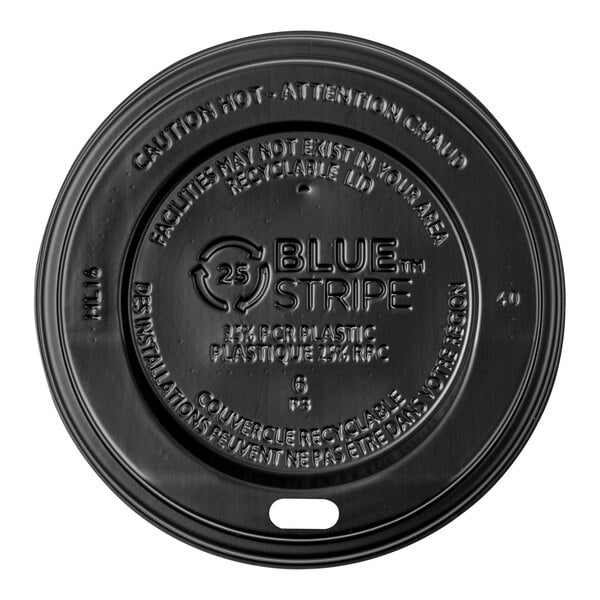 A black plastic Eco-Products hot cup lid with text on it.