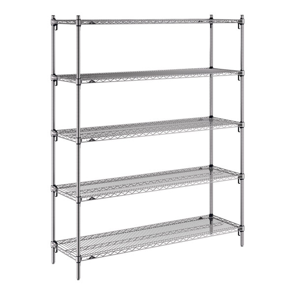 A chrome wire shelving unit with five adjustable shelves.