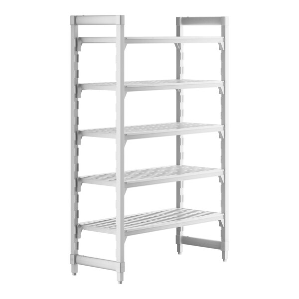 A white plastic Cambro shelving unit with 5 vented shelves.
