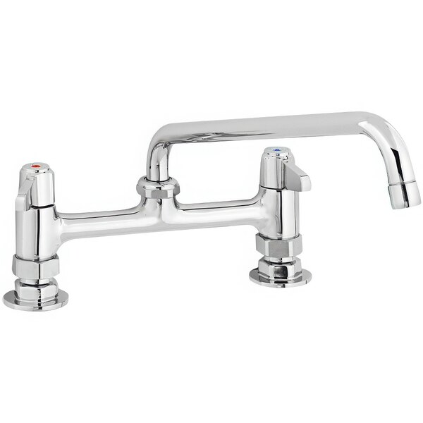A silver Equip by T&amp;S deck-mount faucet with two handles and a swivel nozzle on a white background.