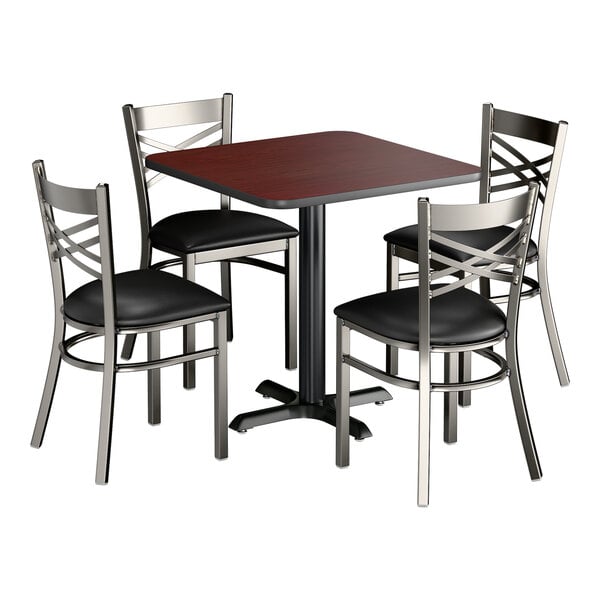 Lancaster Table & Seating 30" x 30" Reversible Cherry / Black Standard Height Dining Set with Clear Coat Steel Cross Back Chair and Padded Seat