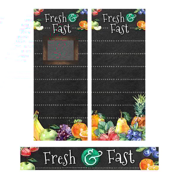 A Cambro Camshelving Flex Station merchandiser with "Fresh & Fast" chalkboard menu graphics featuring fruit.