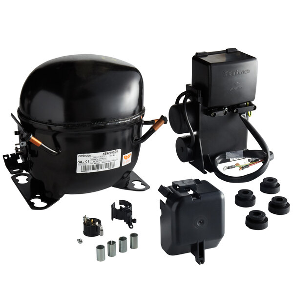 A black air compressor with orange and black wires and a black plastic box.