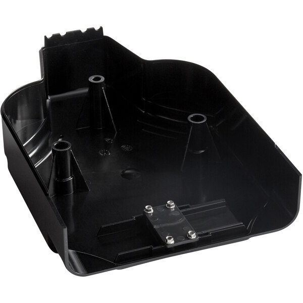A black plastic back support cover with screws and two holes in it.