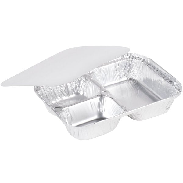 3-Compartment Oblong Aluminum Foil Take-Out Pan w/Board Lid 25 Pack Disposable 