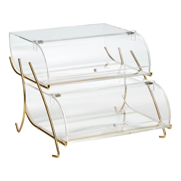 Rosseto BK020 Clear Acrylic Two-Tier Pastry Display Case with Brass Wire Stand - 17 3/4" x 15 3/4" x 13 1/4"