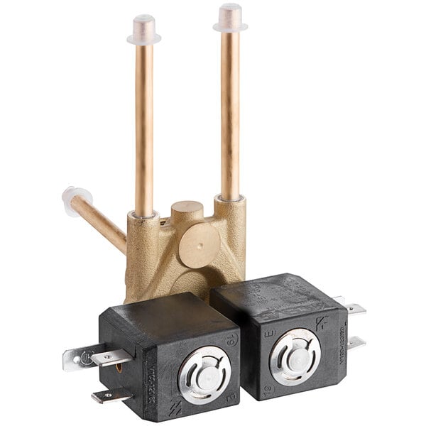 A Narvon electrovalve assembly with two brass and metal parts.