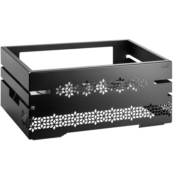 A black metal box with a decorative pattern on it.
