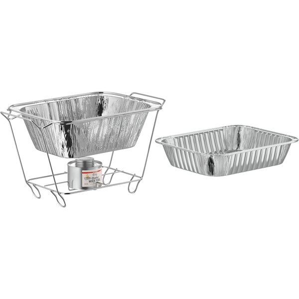 A close up of a silver wire chafer stand with a tray on top.