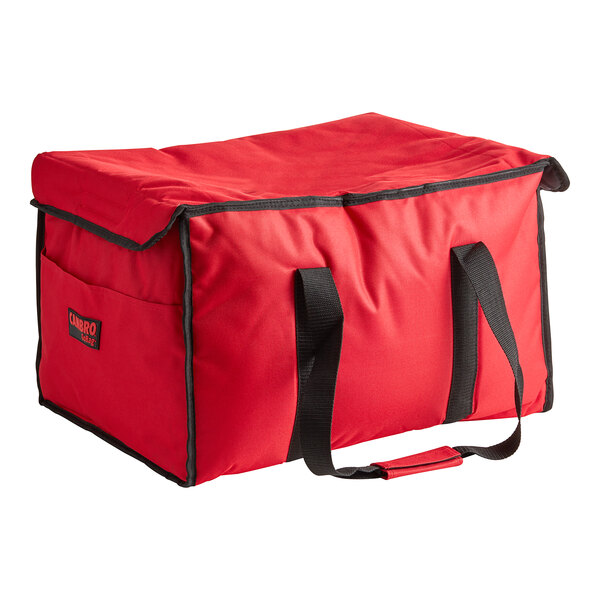 A red Cambro insulated Jumbo Delivery GoBag with black straps.