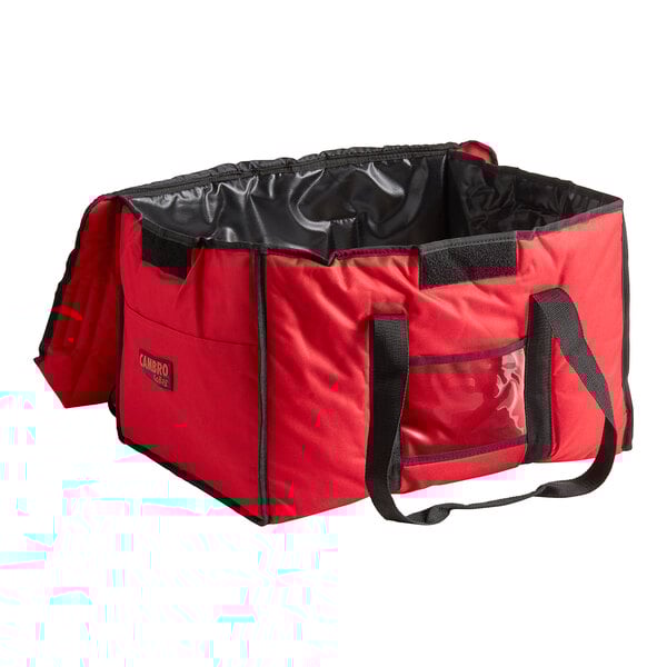 A red and black Cambro insulated delivery bag.