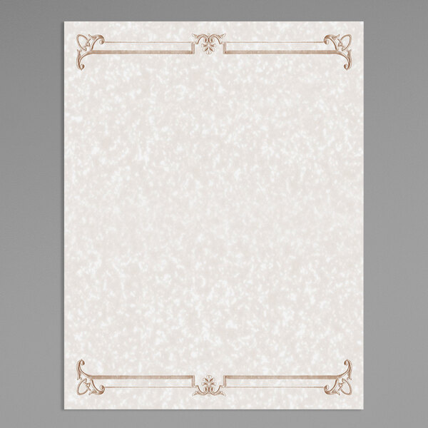 A white paper with a tan swirl border.