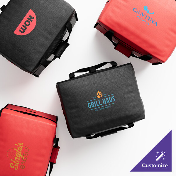 A red Cambro Customizable Insulated Sandwich GoBag with black straps.