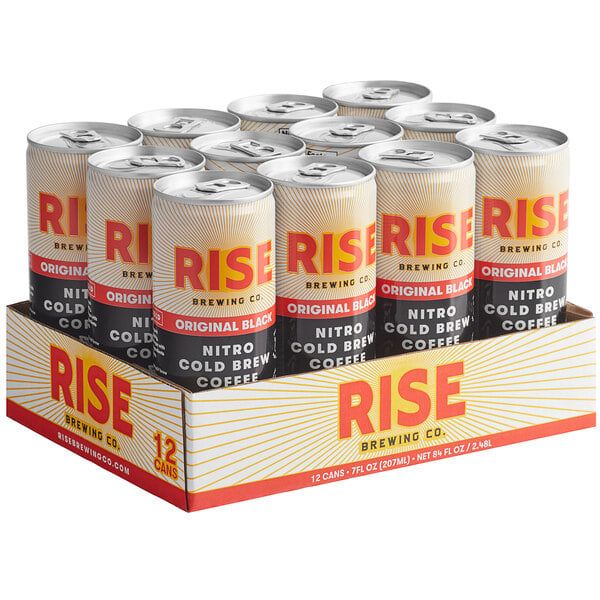 A Rise Brewing Co. Organic Original Black Nitro Cold Brew Coffee can in a cardboard box.