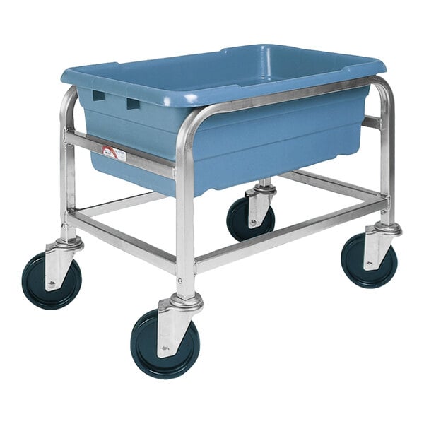 A blue plastic tub on a Winholt aluminum lug rack.