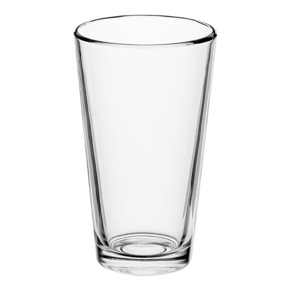An Anchor Hocking mixing glass with a white background.