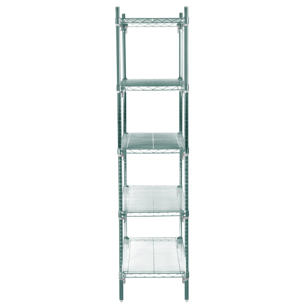 A Metroseal 3 wire shelving unit with four metal shelves.