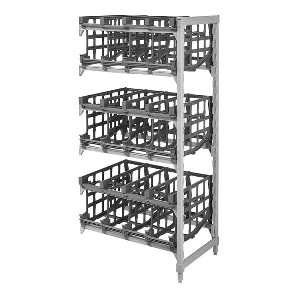 A grey metal rack with plastic baskets.