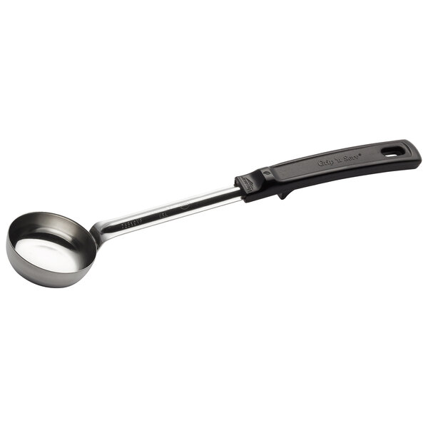 A black and silver Vollrath stainless steel Spoodle with a Grip 'N Serve handle.