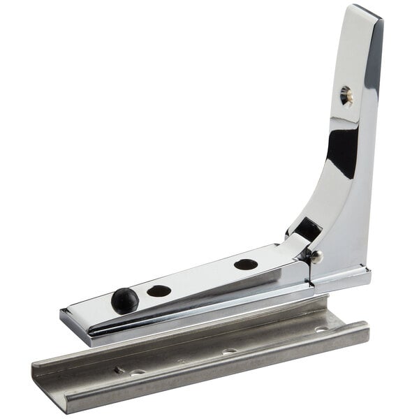 A chrome metal bracket with holes.