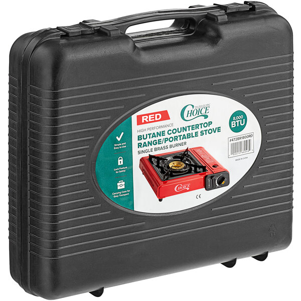 A black plastic case with a label containing a red Choice portable butane range.