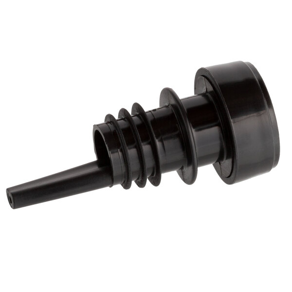 A close-up of a black Franmara Twist-Pour bottle stopper with a small hole in a black plastic pipe.