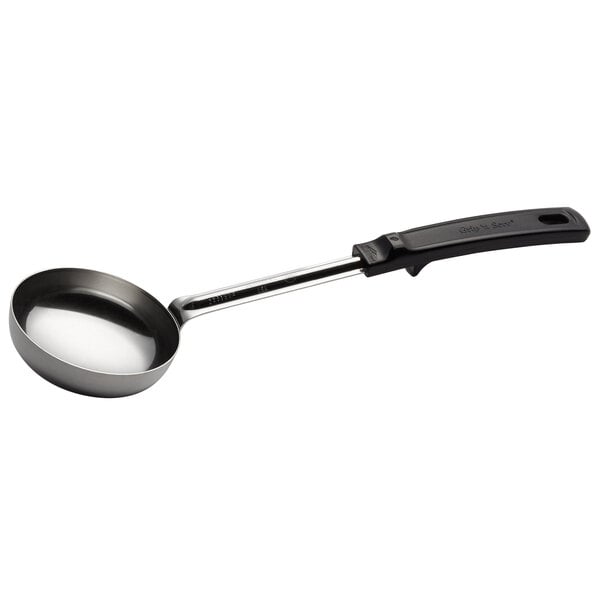 A black and silver Vollrath Spoodle with a handle.