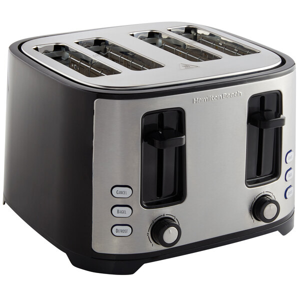 A black and silver Hamilton Beach 4 slice toaster with extra-wide slots.