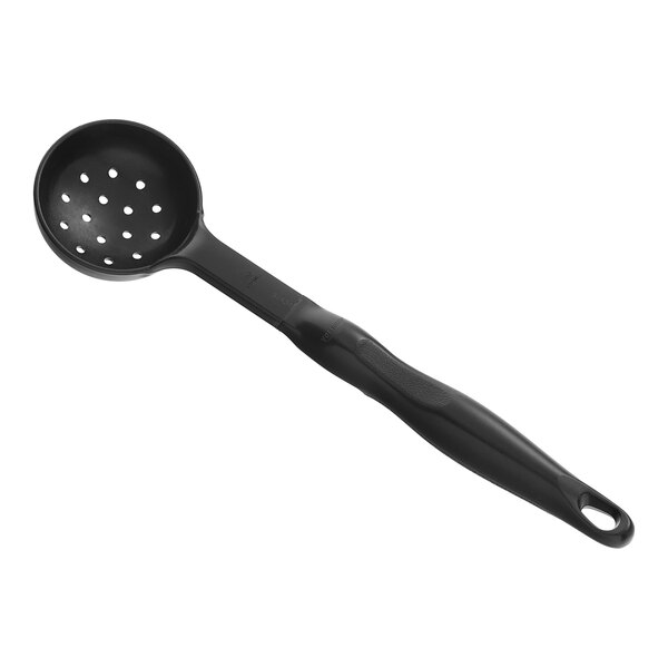 A black plastic Vollrath Spoodle with a long handle and perforated bowl.