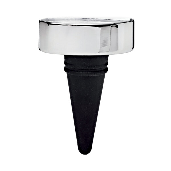 A Franmara silver and black wine stopper with an oval top.