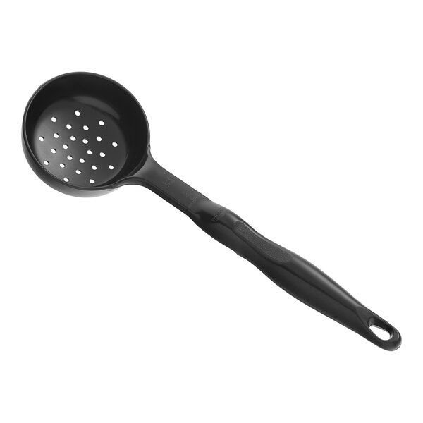 A black plastic Vollrath high heat perforated spoodle with a handle.