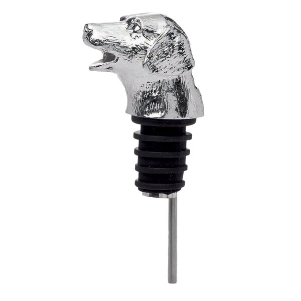 A dog head on a wine bottle.