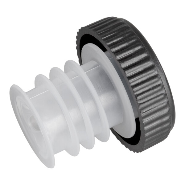 A plastic wine pourer with a ribbed, translucent spout and a black, ridged cap.