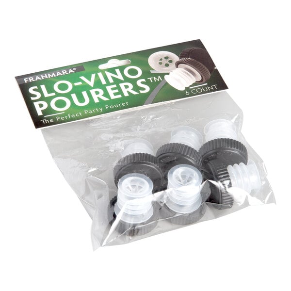 A package containing six black and white plastic wine pourers, visible through a clear plastic bag with a labeled header card.