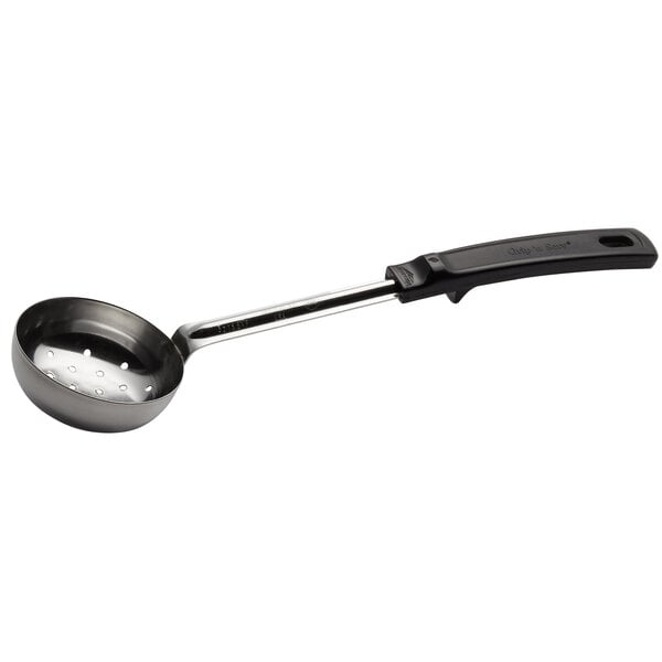 A black and silver Vollrath Spoodle with a handle.