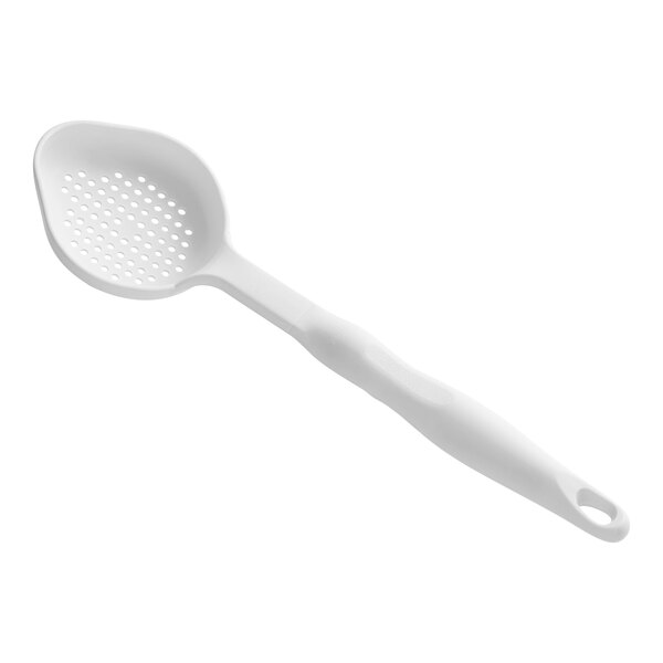 A white Vollrath oval plastic spoon with a long handle.