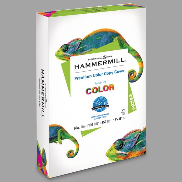 A white box of Hammermill color copy cover paper with a colorful design on it.