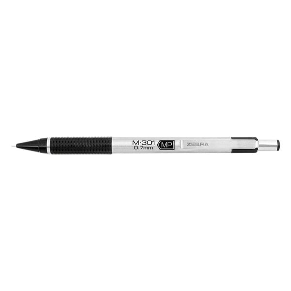 A black and silver Zebra M-301 mechanical pencil.